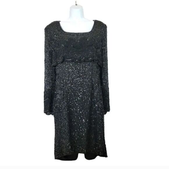 Vintage Lawrence Kazar 100% Silk Beaded and Sequin Evening Gown in Black Size XL - Picture 3 of 10